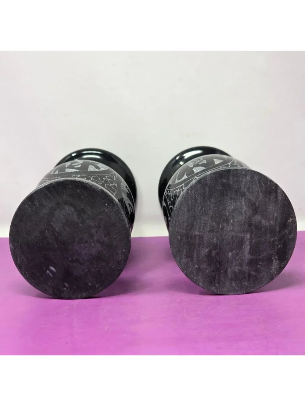 2 Oriental Black Marble Engraved Vases Intricate Designs Decorative Collectibles